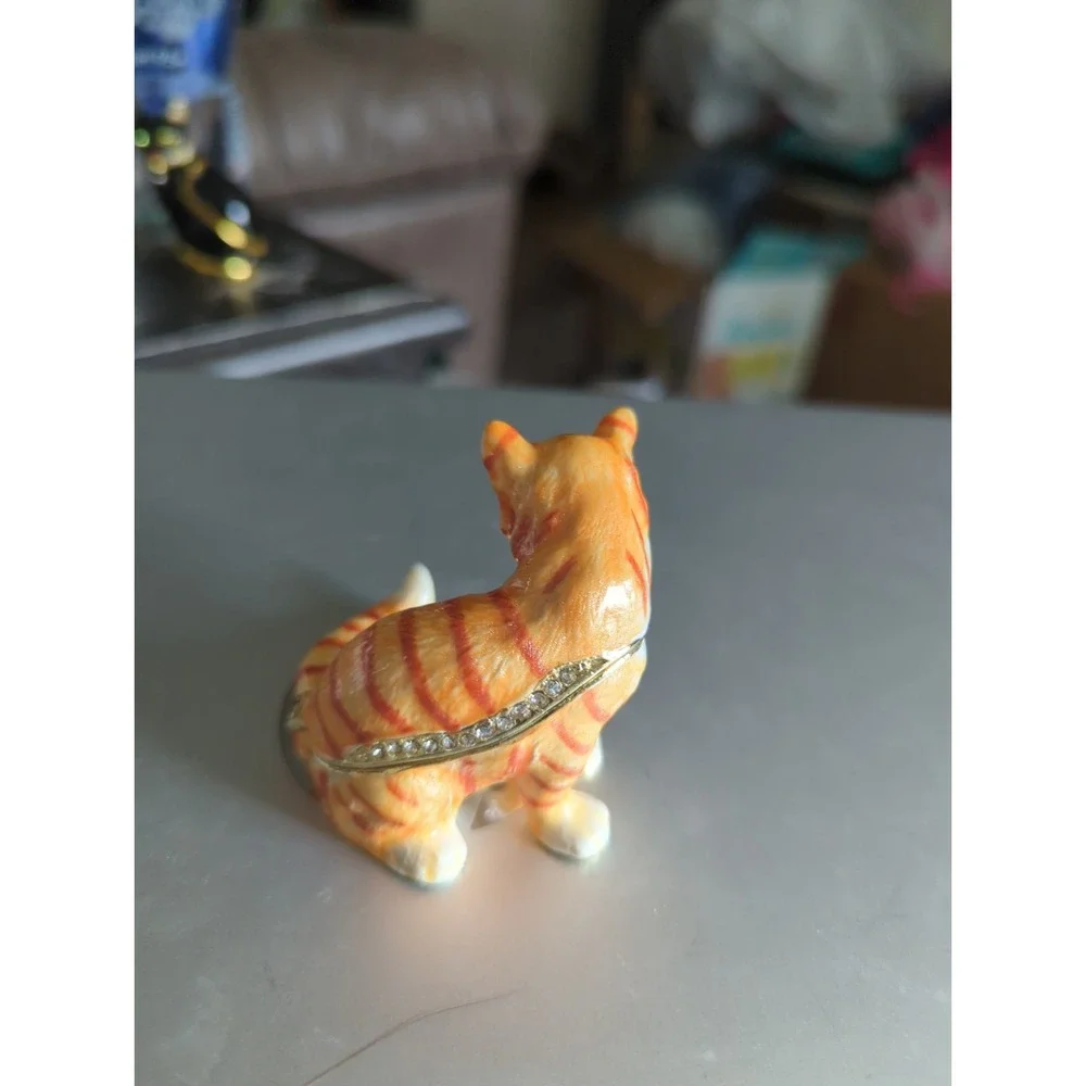 Orange Striped Cat Trinket Box Hinged Jeweled Collar Enameled  Heavy